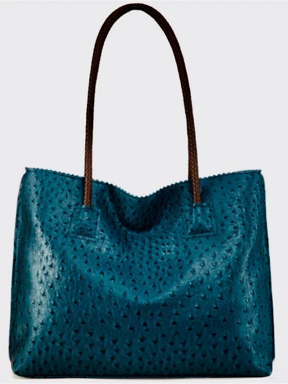 Teal Ostrich leather Tote Bag with Brown Handles